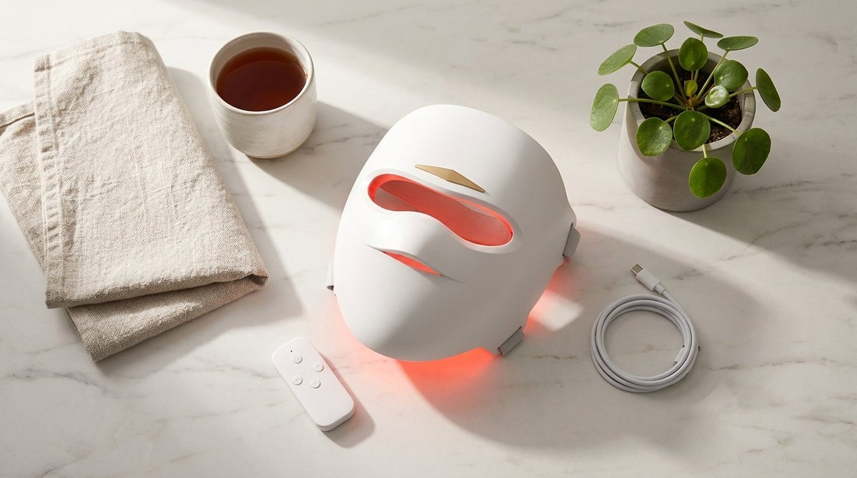 Vit LED-mask med fjärrkontroll och laddkabel på en marmorskiva