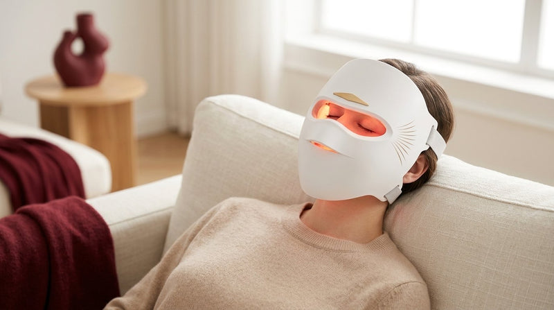 Kvinna som vilar på en soffa med en vit LED-mask med rött ljus